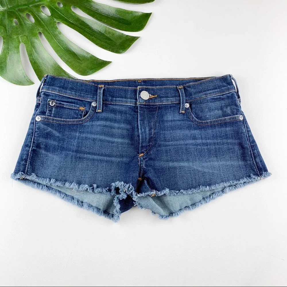 True Religion Joey Cutoff Denim Jean Shorts Frayed Hem Flap Pockets 29